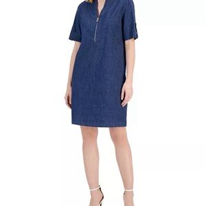 Anne Klein Blue Denim Zippered-Neck Tab-Cuff Shift Dress Sz 10